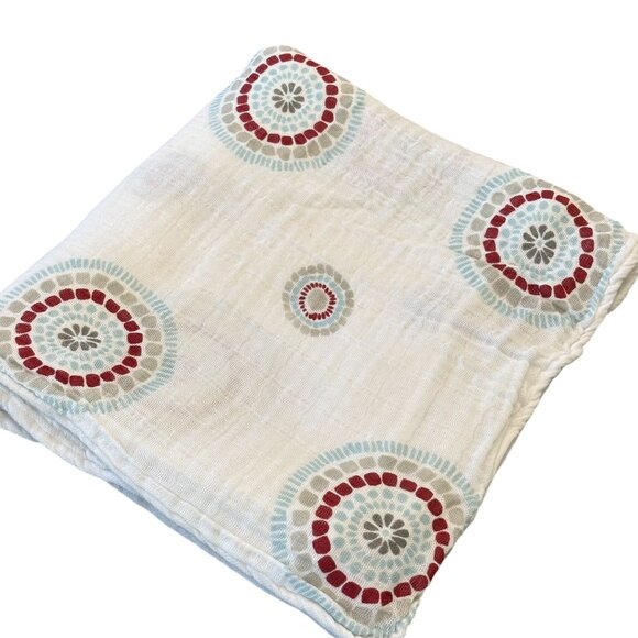 Aden Anais Swaddle Muslin 100% Cotton Blanket Unisex Medallion Blue Red White - Picture 1 of 4